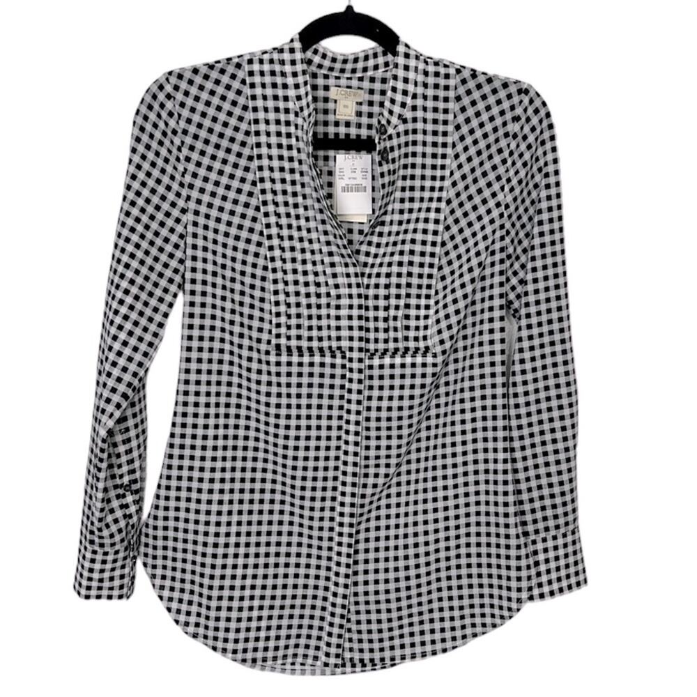 NWT J. Crew Button down Black White Long Sleeve Shirt Plaid Pleated top XXS